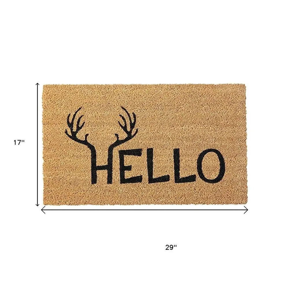 17" X 29" Natural And Black Hello With Antlers Coir Outdoor Door Mat - NOBLE HOME INTERIORS