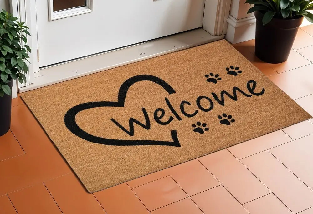 17" X 29" Natural And Black Pawprint Welcome Outdoor Coir Door Mat - NOBLE HOME INTERIORS
