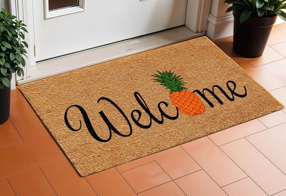 17" X 29" Natural And Black Pineapple Welcome Outdoor Coir Door Mat - NOBLE HOME INTERIORS