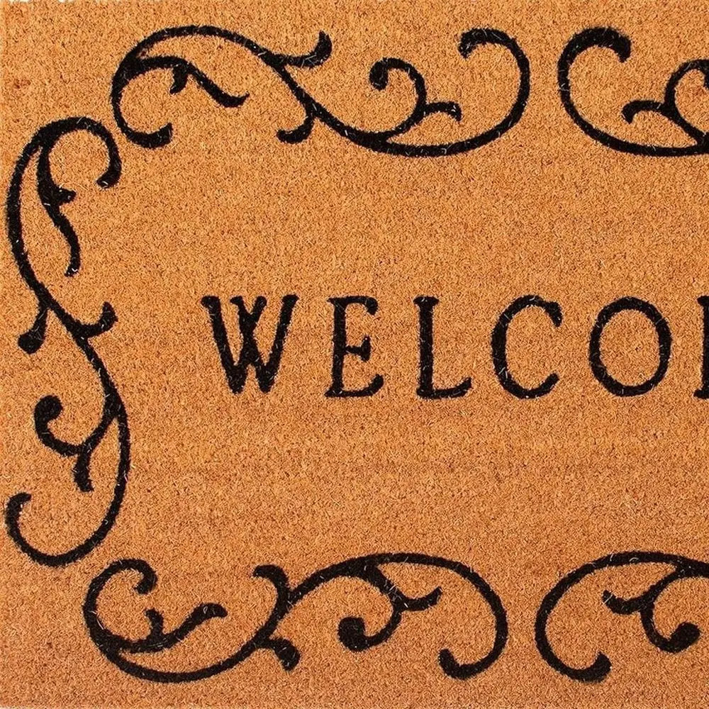 17" X 29" Natural And Black Scrollwork Welcome Outdoor Coir Door Mat - NOBLE HOME INTERIORS