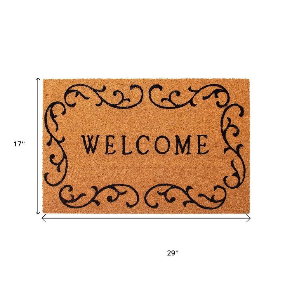 17" X 29" Natural And Black Scrollwork Welcome Outdoor Coir Door Mat - NOBLE HOME INTERIORS