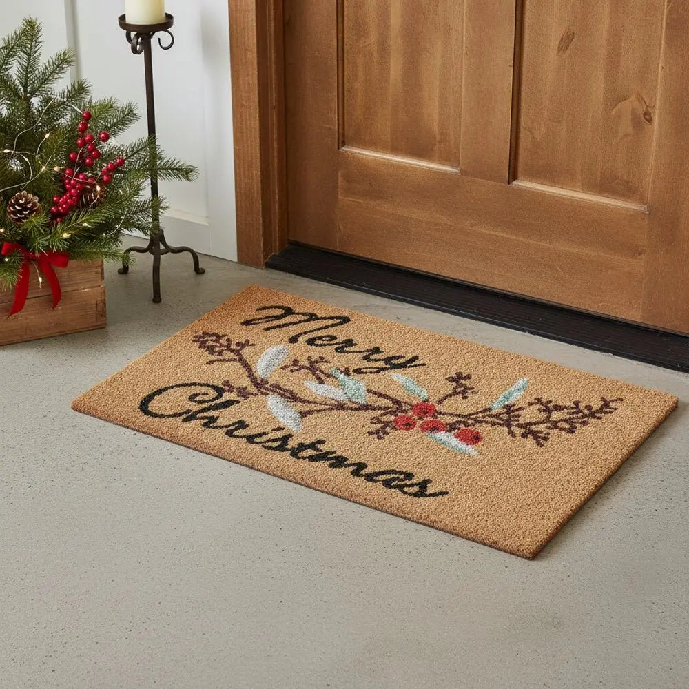 17" X 29" Natural And Brown Merry Christmas Outdoor Coir Door Mat - NOVA HOME FURNITURE