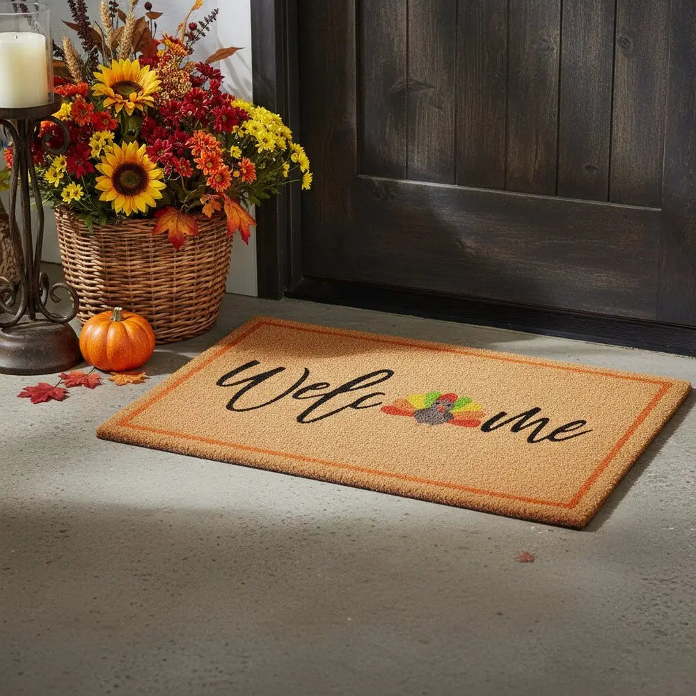 17" X 29" Natural And Brown Thanksgiving Welcome Outdoor Coir Door Mat - NOVA HOME FURNITURE