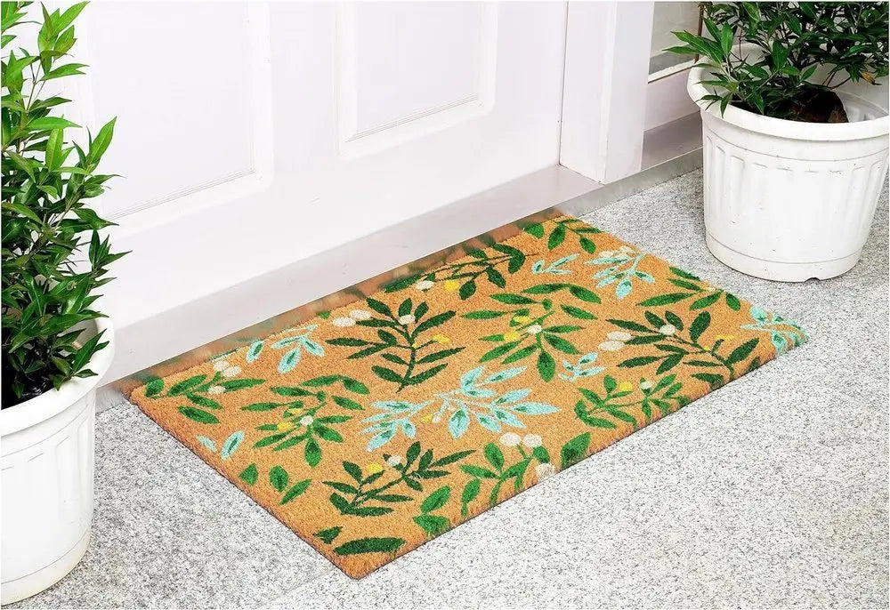 17" X 29" Natural and Green Coir Botanical Leaves Outdoor Door Mat - NOBLE HOME INTERIORS