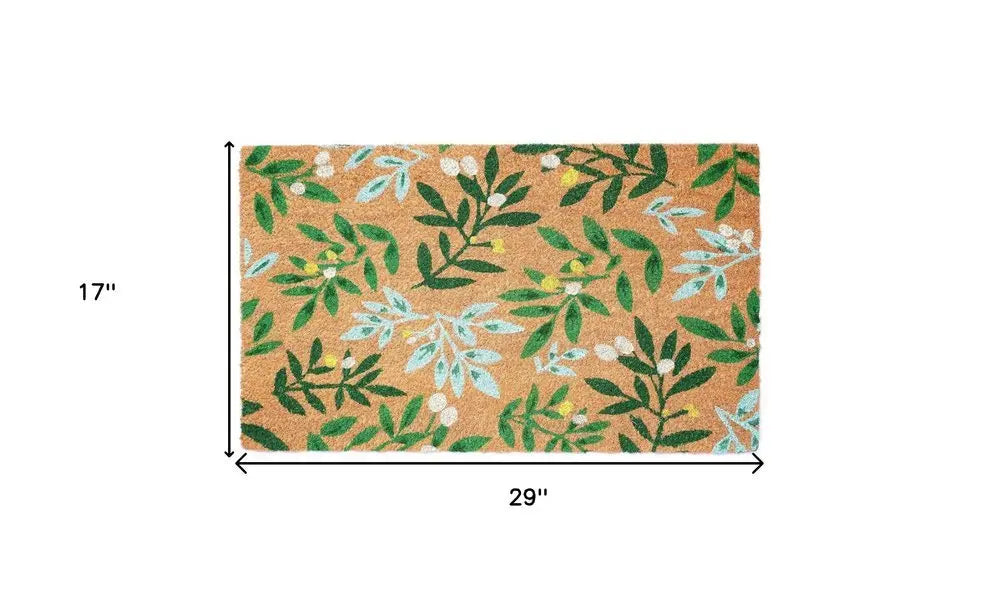 17" X 29" Natural and Green Coir Botanical Leaves Outdoor Door Mat - NOBLE HOME INTERIORS