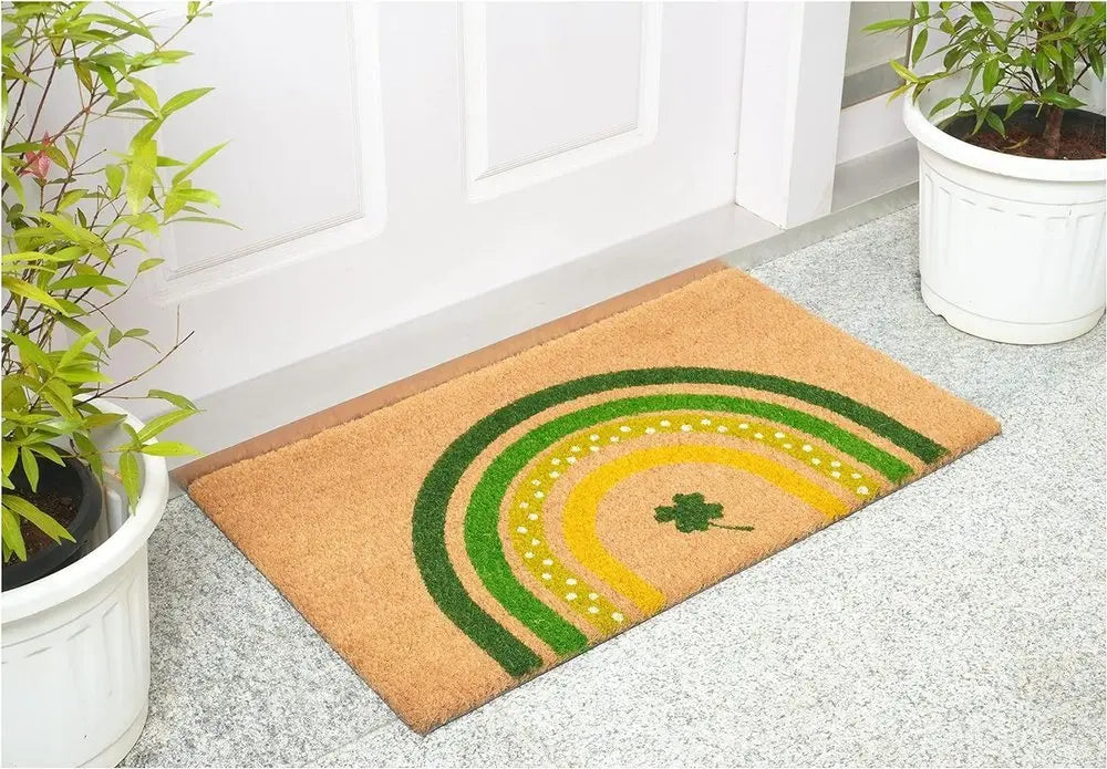 17" X 29" Natural and Green Coir Shamrock Outdoor St. Patrick's Day Door Mat - NOBLE HOME INTERIORS