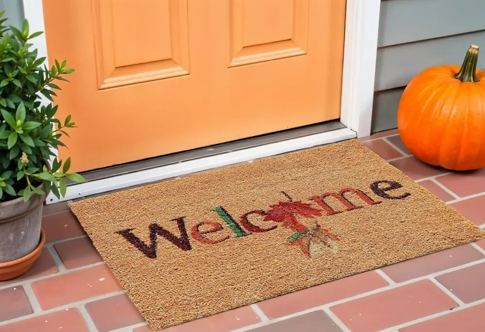 17" X 29" Natural And Orange Fall Leaves Welcome Coir Outdoor Door Mat - NOBLE HOME INTERIORS