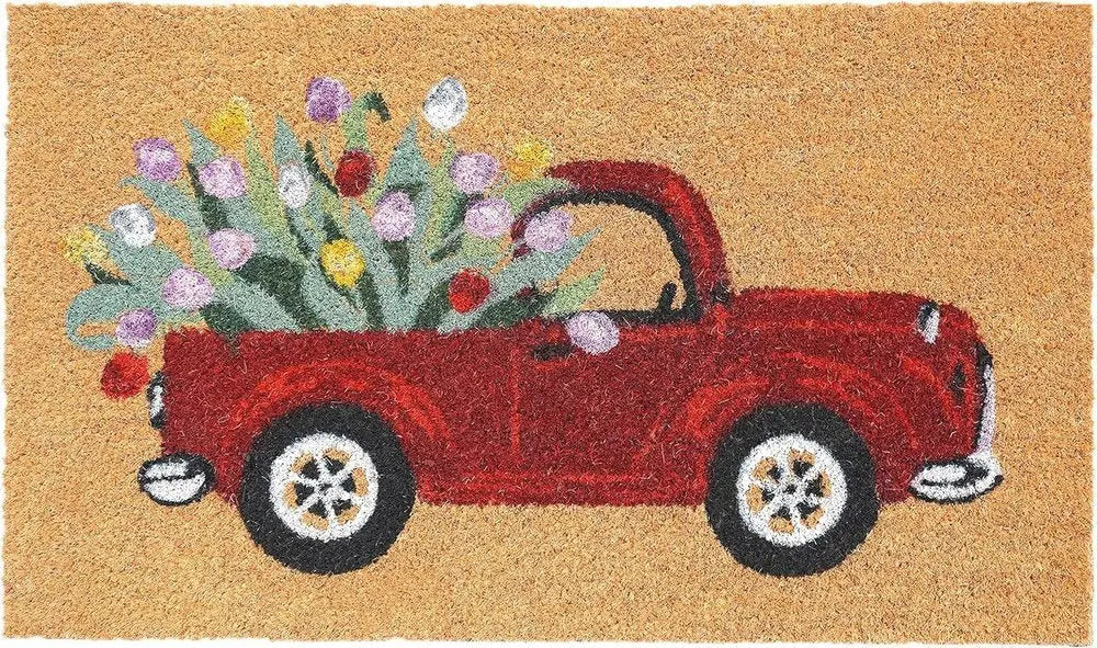 17" X 29" Natural And Red Floral Outdoor Coir Door Mat - NOBLE HOME INTERIORS