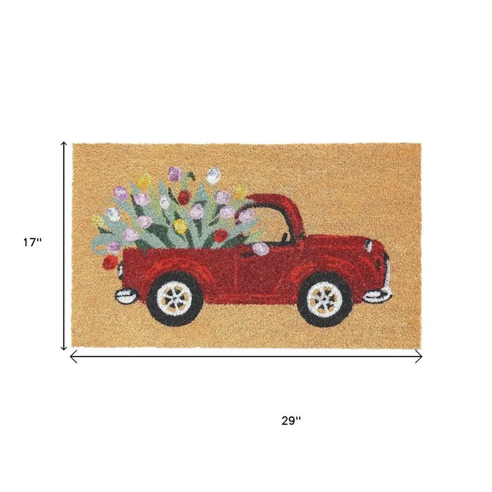 17" X 29" Natural And Red Floral Outdoor Coir Door Mat - NOBLE HOME INTERIORS