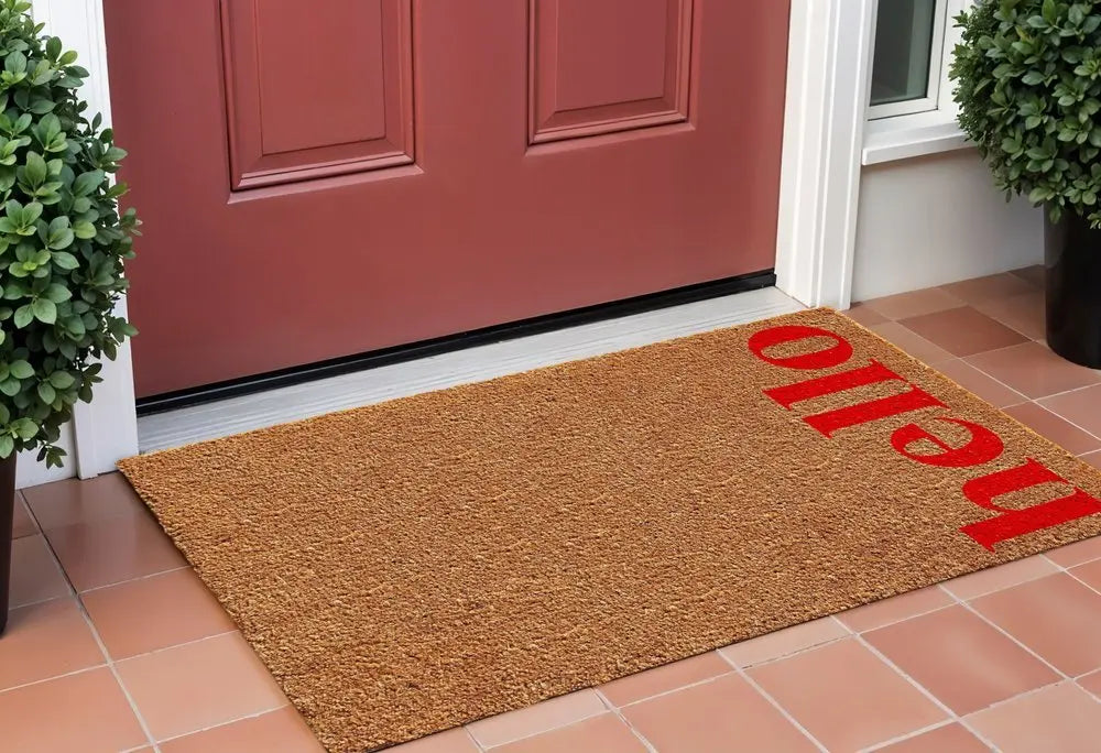 17" X 29" Natural And Red Hello Outdoor Coir Door Mat - NOBLE HOME INTERIORS