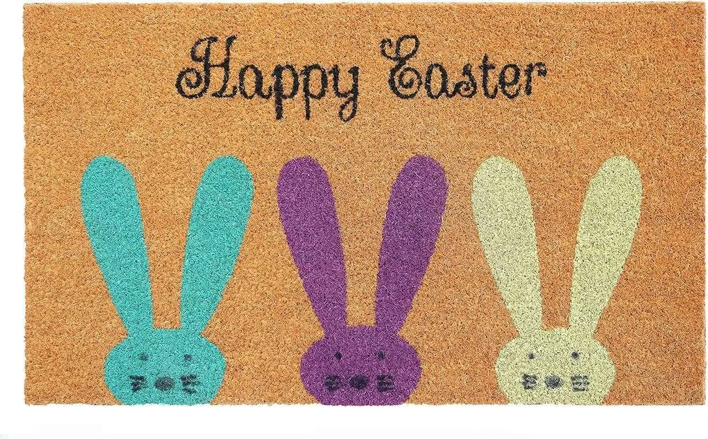 17" X 29" Natural Aqua And Purple Bunny Happy Easter Coir Outdoor Door Mat - NOBLE HOME INTERIORS