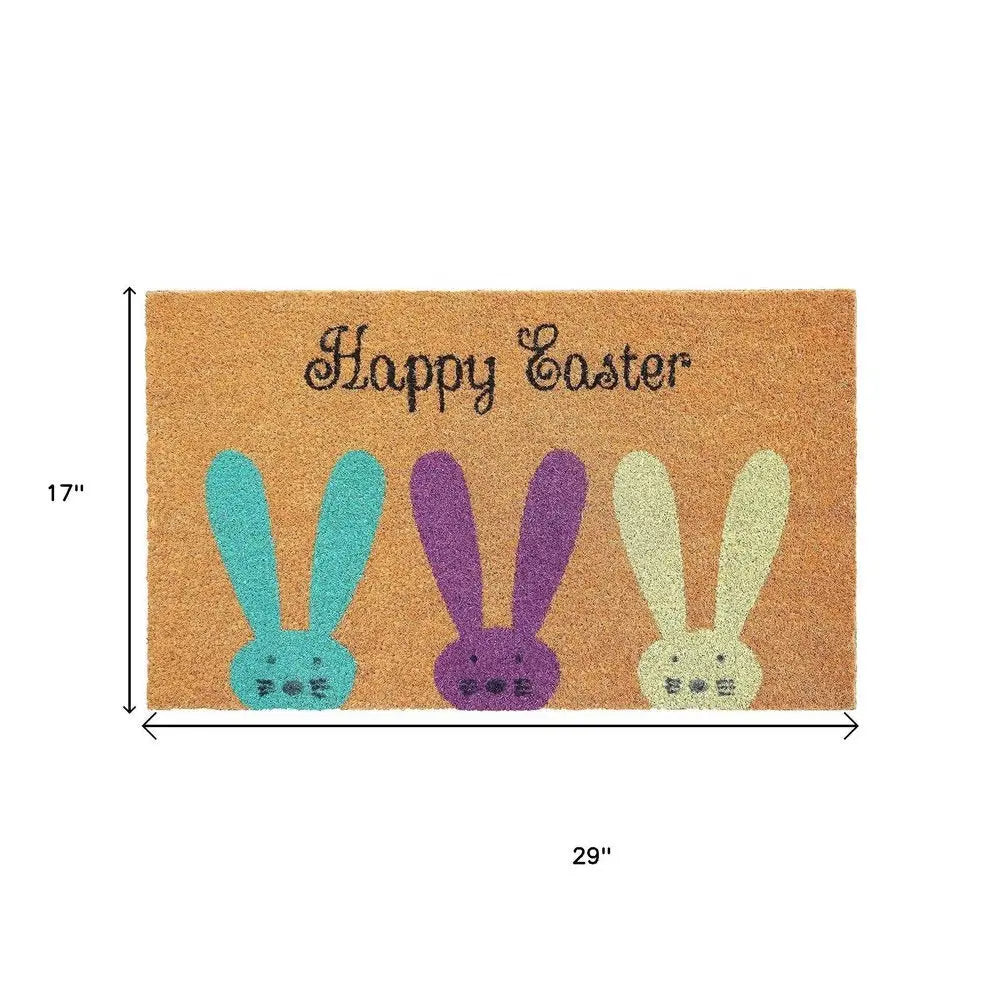 17" X 29" Natural Aqua And Purple Bunny Happy Easter Coir Outdoor Door Mat - NOBLE HOME INTERIORS
