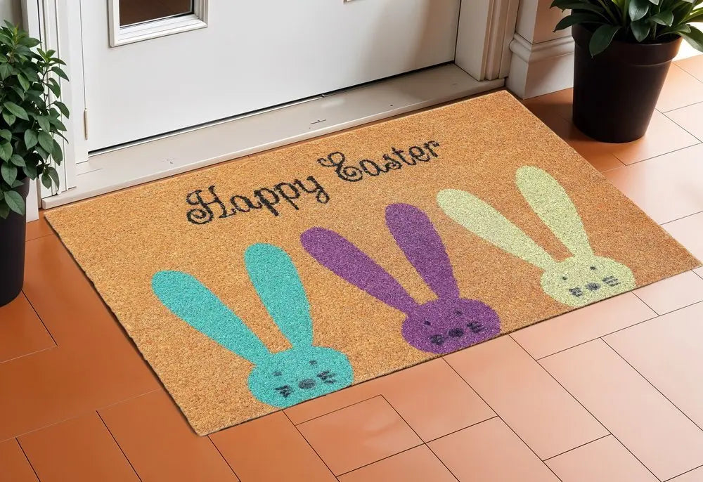 17" X 29" Natural Aqua And Purple Bunny Happy Easter Coir Outdoor Door Mat - NOBLE HOME INTERIORS