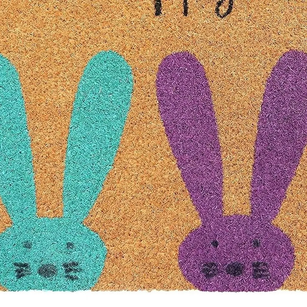 17" X 29" Natural Aqua And Purple Bunny Happy Easter Coir Outdoor Door Mat - NOBLE HOME INTERIORS