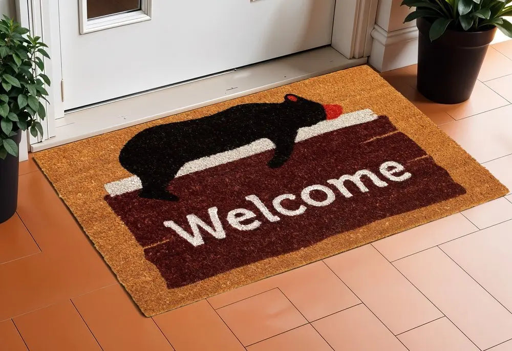 17" X 29" Natural Black And Brown Bear Welcome Outdoor Coir Door Mat - NOBLE HOME INTERIORS