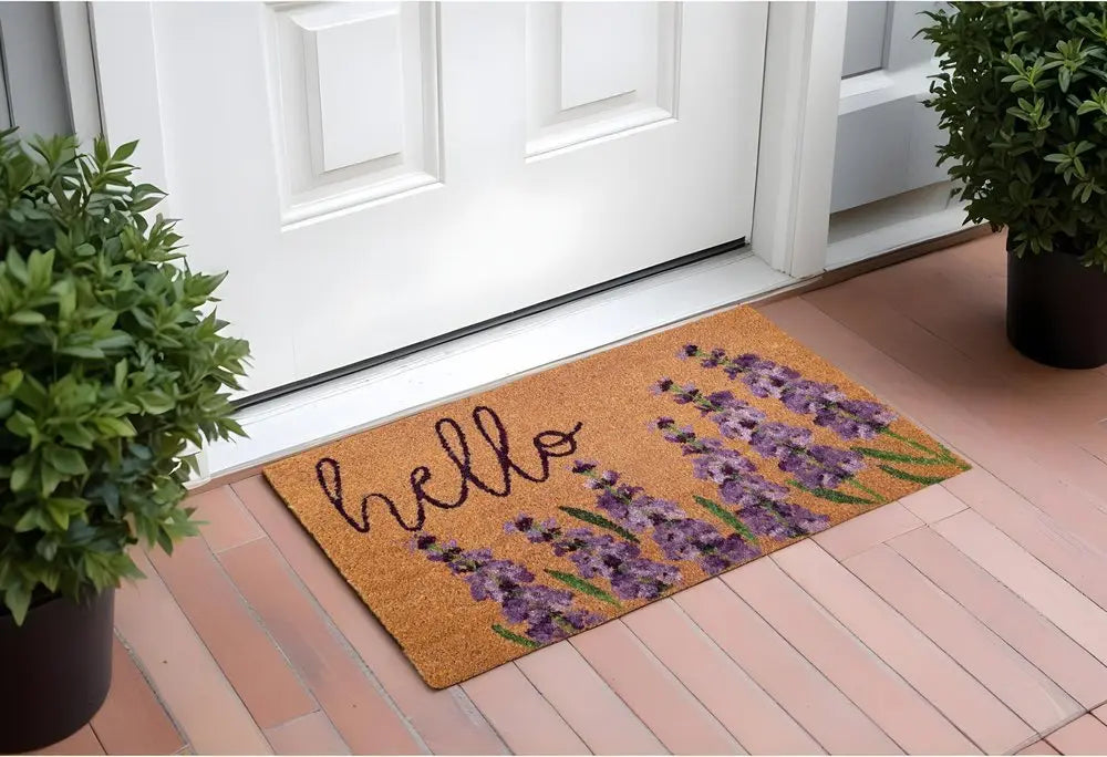 17" X 29" Natural Black and Purple Coir Floral Hello Outdoor Door Mat - NOBLE HOME INTERIORS