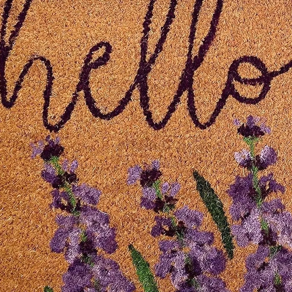 17" X 29" Natural Black and Purple Coir Floral Hello Outdoor Door Mat - NOBLE HOME INTERIORS