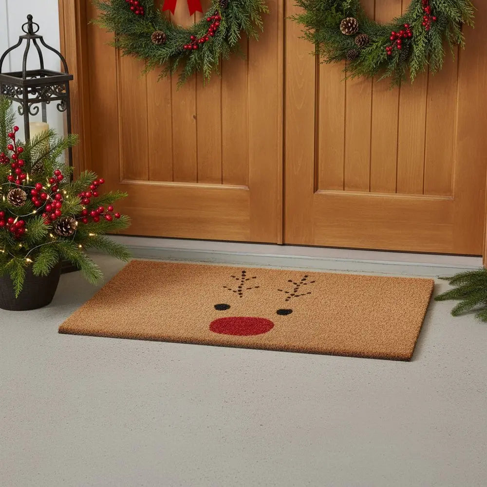 17" X 29" Natural Black and Red Coir Reindeer Outdoor Christmas Door Mat - NOBLE HOME INTERIORS