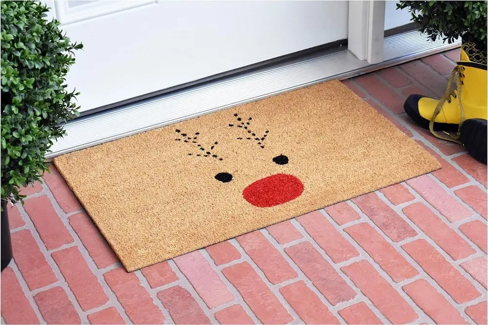 17" X 29" Natural Black and Red Coir Reindeer Outdoor Christmas Door Mat - NOBLE HOME INTERIORS