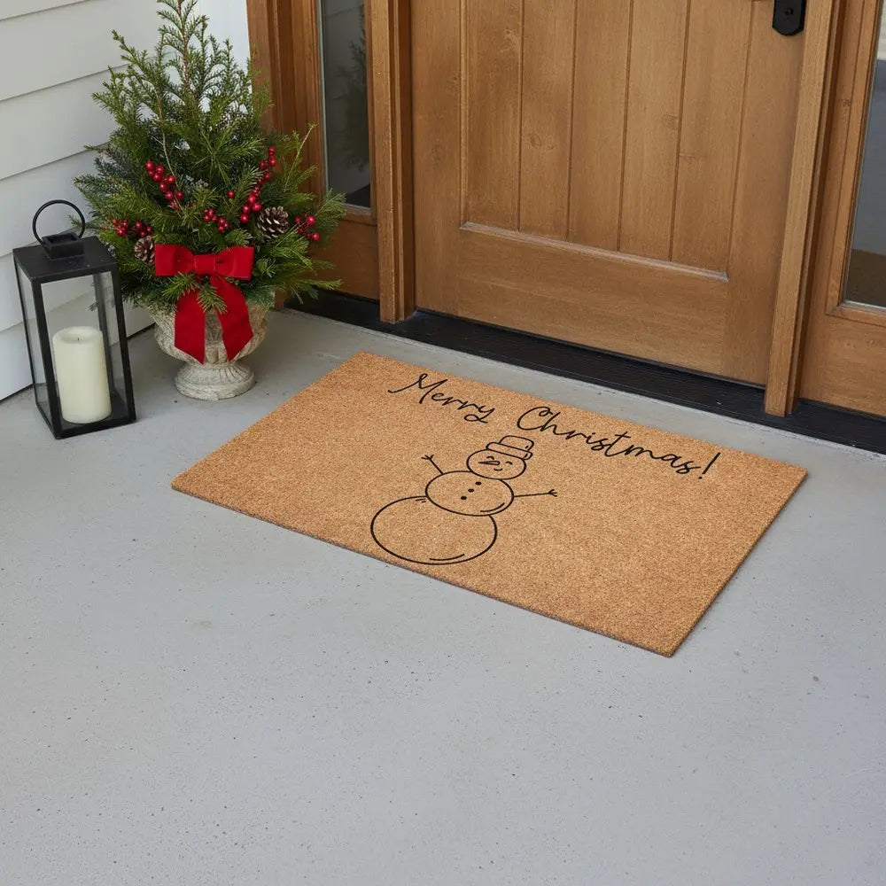 17" X 29" Natural Black And White Feliz Navidad Snowman Coir Door Mat - NOBLE HOME INTERIORS