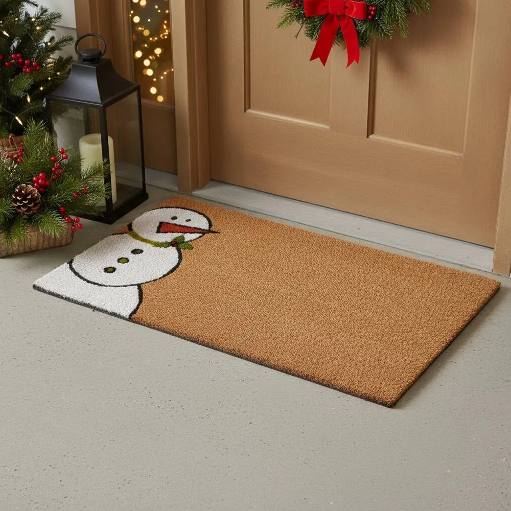 17" X 29" Natural Black And White Feliz Navidad Snowman Coir Door Mat - NOBLE HOME INTERIORS