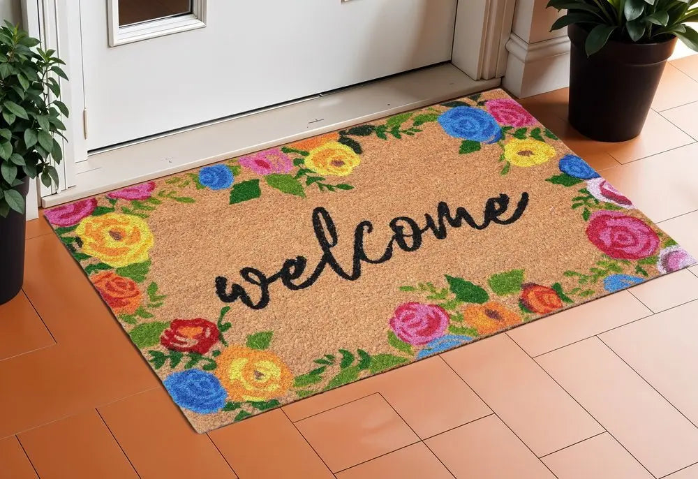 17" X 29" Natural Blue Pink And Yellow Floral Welcome Outdoor Coir Door Mat - NOBLE HOME INTERIORS