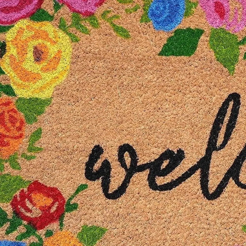 17" X 29" Natural Blue Pink And Yellow Floral Welcome Outdoor Coir Door Mat - NOBLE HOME INTERIORS