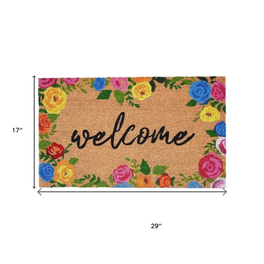 17" X 29" Natural Blue Pink And Yellow Floral Welcome Outdoor Coir Door Mat - NOBLE HOME INTERIORS