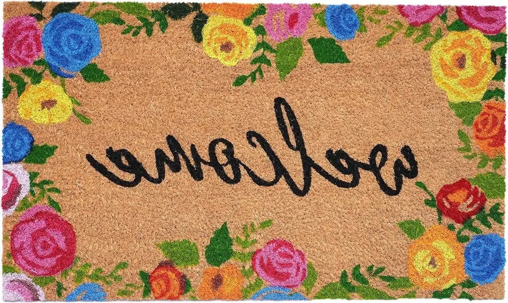 17" X 29" Natural Blue Pink And Yellow Floral Welcome Outdoor Coir Door Mat - NOBLE HOME INTERIORS