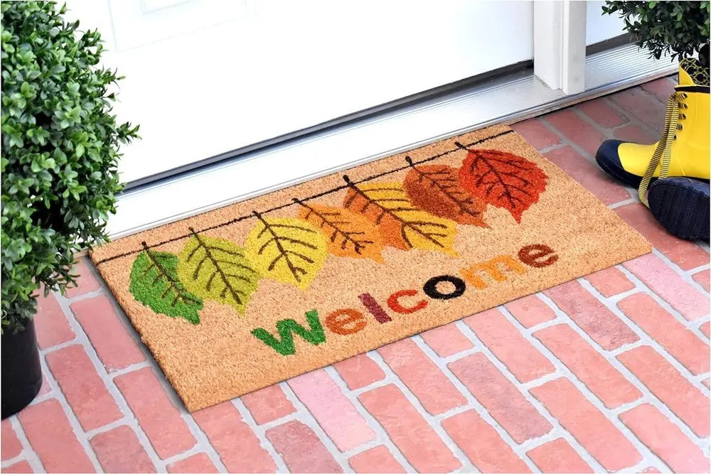 17" X 29" Natural Green and Orange Coir Botanical Leaves Welcome Outdoor Fall Door Mat - NOBLE HOME INTERIORS