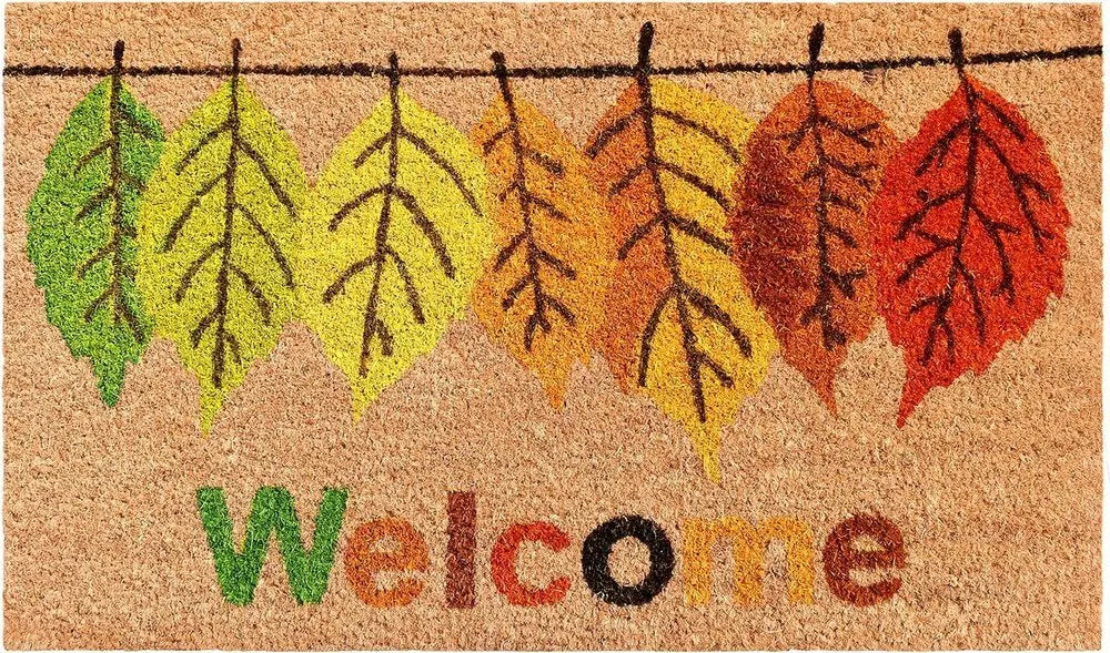 17" X 29" Natural Green and Orange Coir Botanical Leaves Welcome Outdoor Fall Door Mat - NOBLE HOME INTERIORS