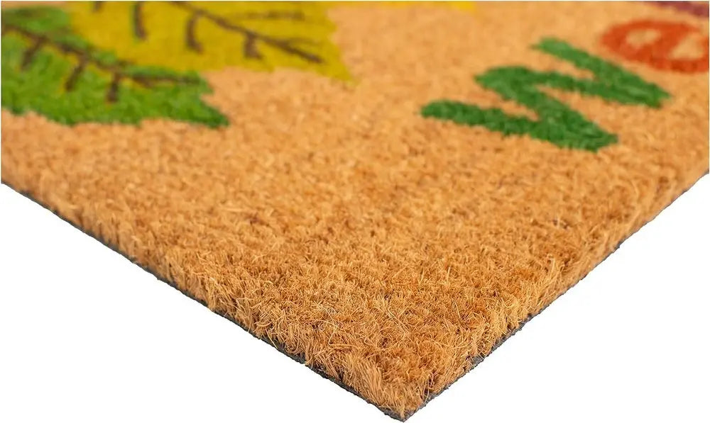 17" X 29" Natural Green and Orange Coir Botanical Leaves Welcome Outdoor Fall Door Mat - NOBLE HOME INTERIORS