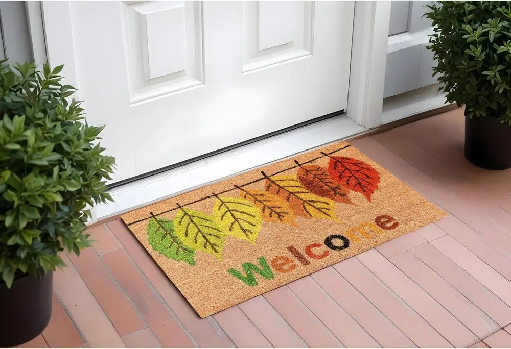 17" X 29" Natural Green and Orange Coir Botanical Leaves Welcome Outdoor Fall Door Mat - NOBLE HOME INTERIORS