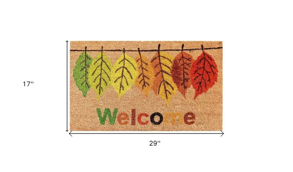 17" X 29" Natural Green and Orange Coir Botanical Leaves Welcome Outdoor Fall Door Mat - NOBLE HOME INTERIORS