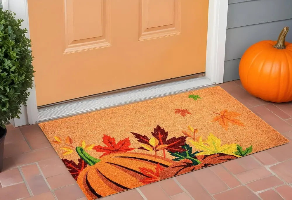 17" X 29" Natural Orange and Green Coir Pumpkins and Leaves Outdoor Fall Door Mat - NOBLE HOME INTERIORS