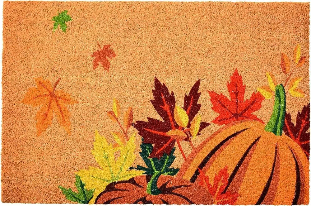 17" X 29" Natural Orange and Green Coir Pumpkins and Leaves Outdoor Fall Door Mat - NOBLE HOME INTERIORS