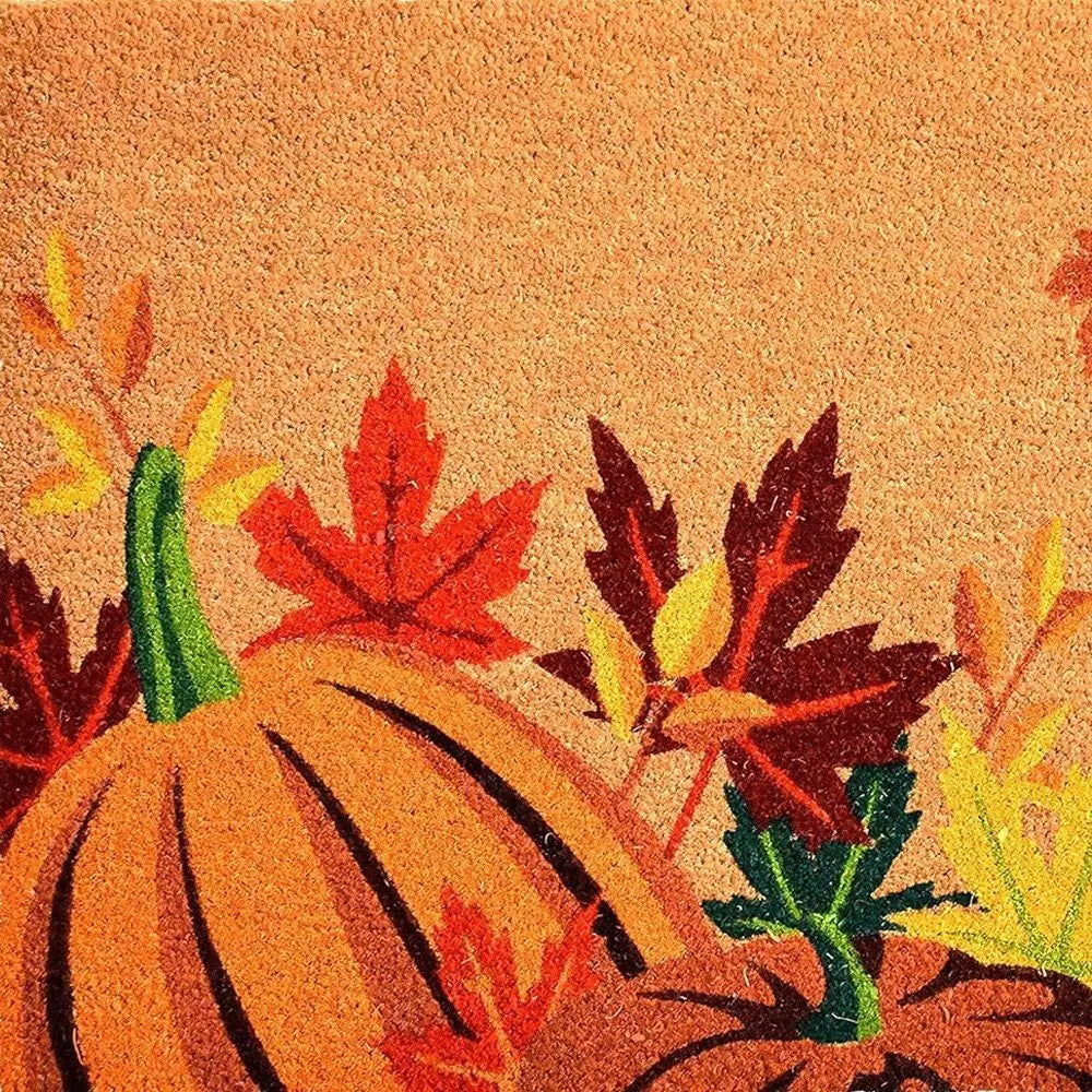 17" X 29" Natural Orange and Green Coir Pumpkins and Leaves Outdoor Fall Door Mat - NOBLE HOME INTERIORS