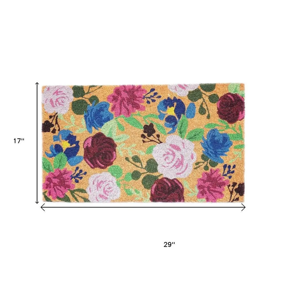 17" X 29" Natural Pink And Blue Floral Outdoor Coir Door Mat - NOBLE HOME INTERIORS