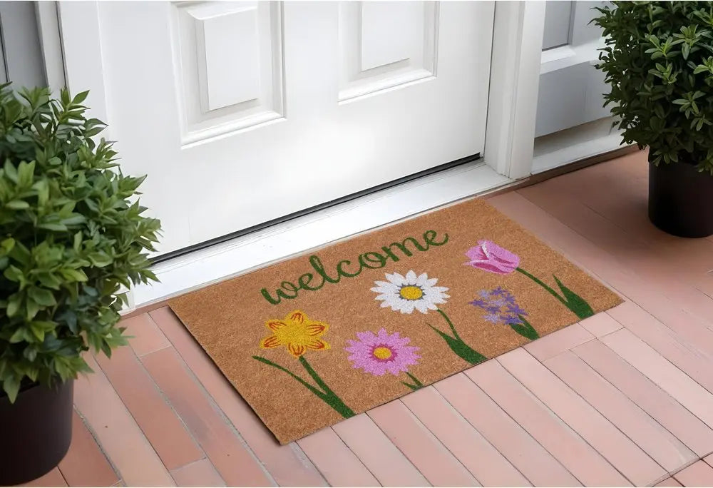 17" X 29" Natural Pink and Green Coir Floral Welcome Outdoor Door Mat - NOBLE HOME INTERIORS