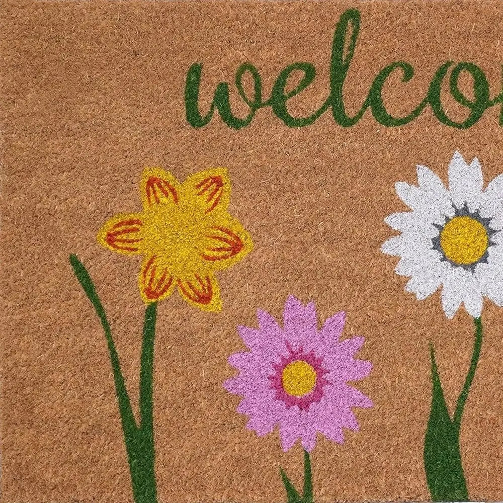 17" X 29" Natural Pink and Green Coir Floral Welcome Outdoor Door Mat - NOBLE HOME INTERIORS