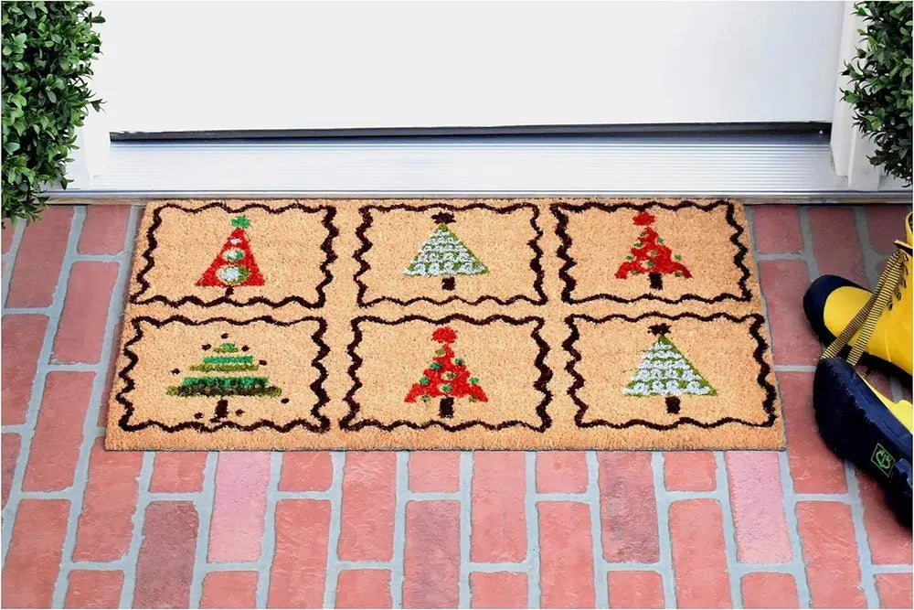 17" X 29" Natural Red and Black Coir Christmas Trees Outdoor Christmas Door Mat - NOBLE HOME INTERIORS