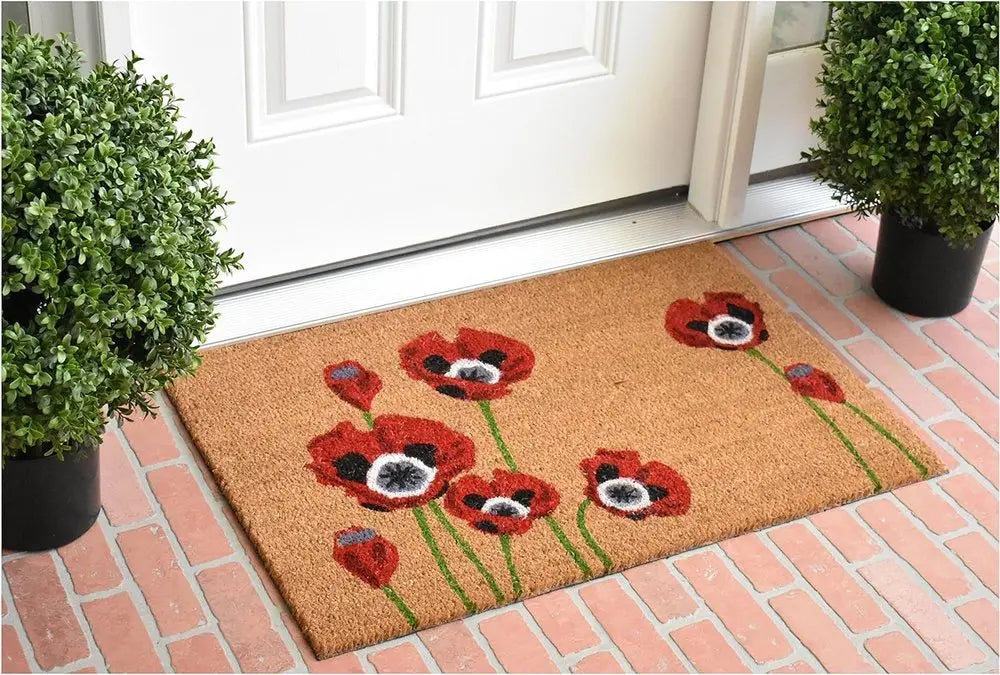 17" X 29" Natural Red and Black Coir Floral Outdoor Door Mat - NOBLE HOME INTERIORS
