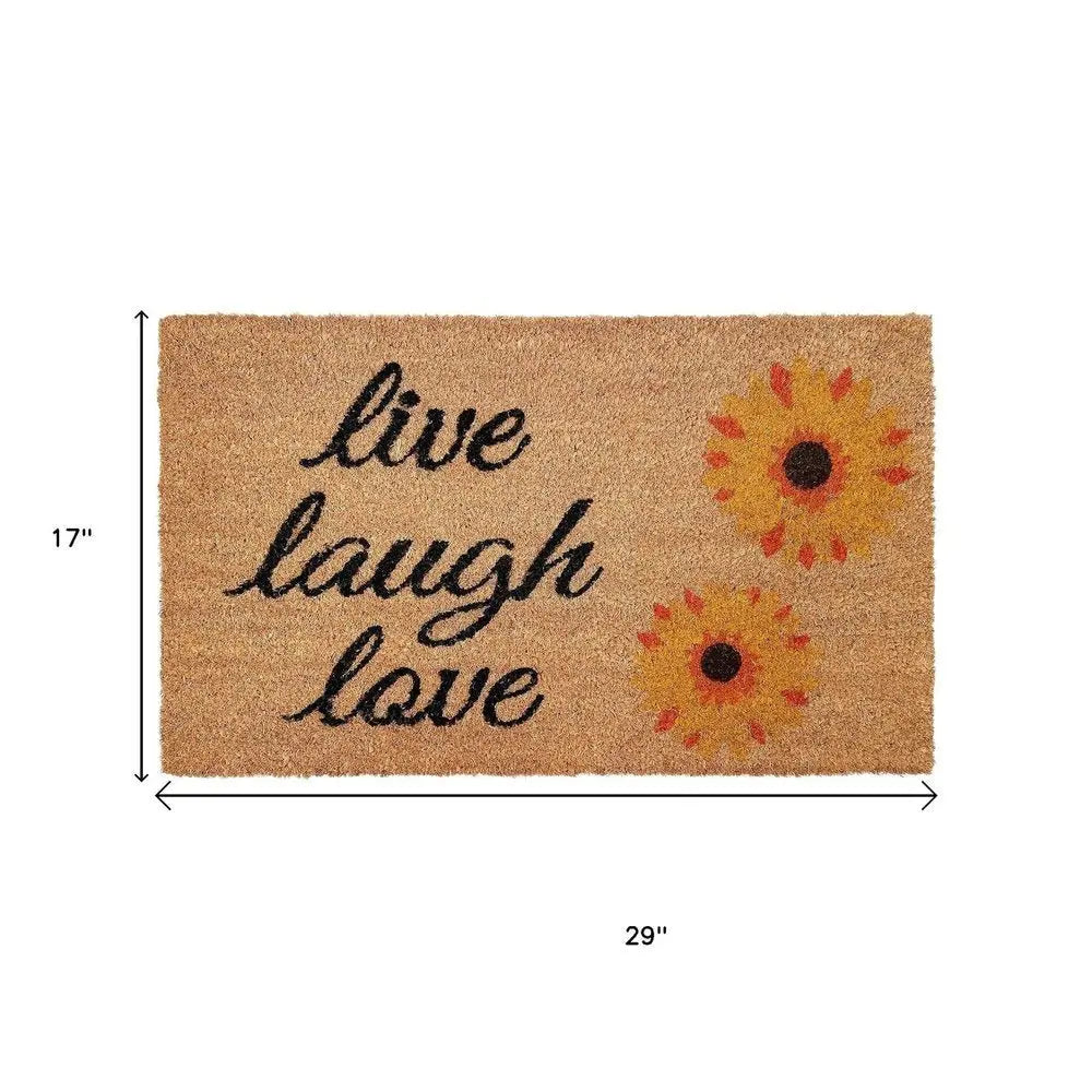 17" X 29" Natural Yellow And Black Floral Live Love Laugh Outdoor Coir Door Mat - NOBLE HOME INTERIORS