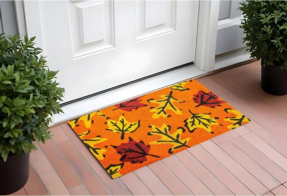 17" X 29" Orange Black and Yellow Coir Leaves Outdoor Fall Door Mat - NOBLE HOME INTERIORS