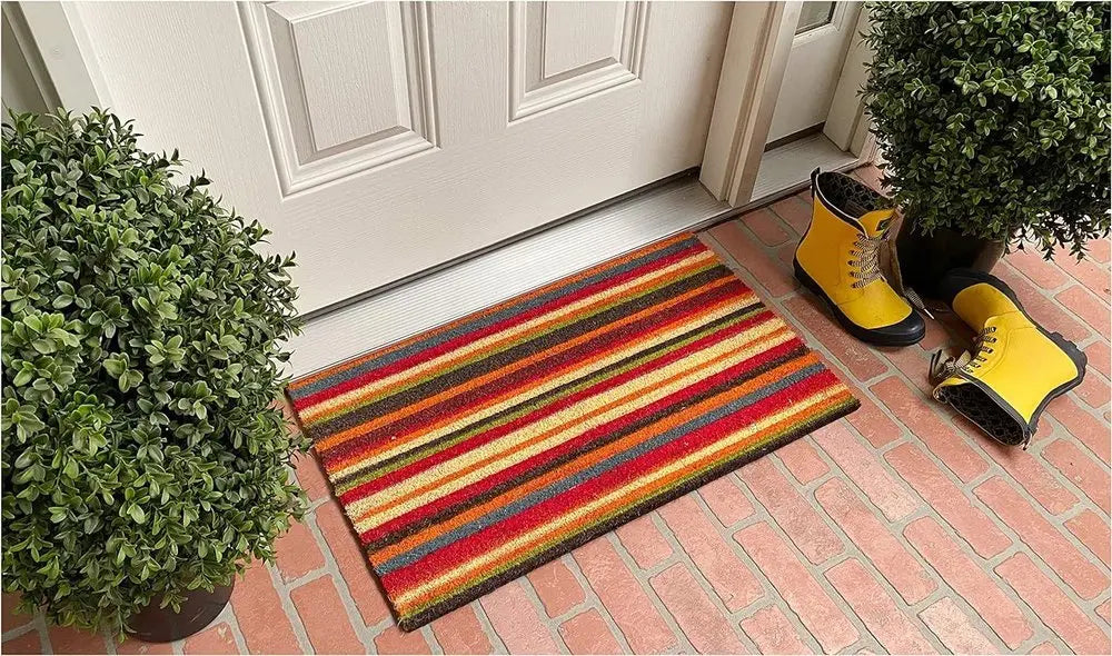 17" X 29" Red Orange and Natural Coir Striped Outdoor Door Mat - NOBLE HOME INTERIORS