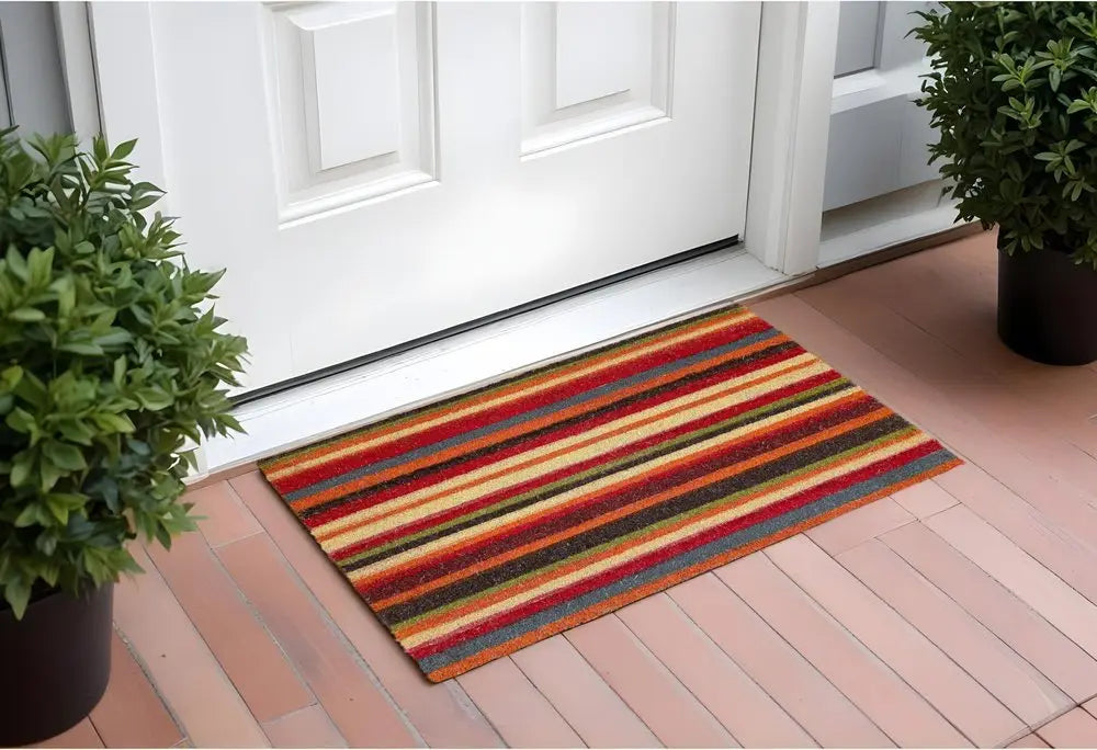 17" X 29" Red Orange and Natural Coir Striped Outdoor Door Mat - NOBLE HOME INTERIORS