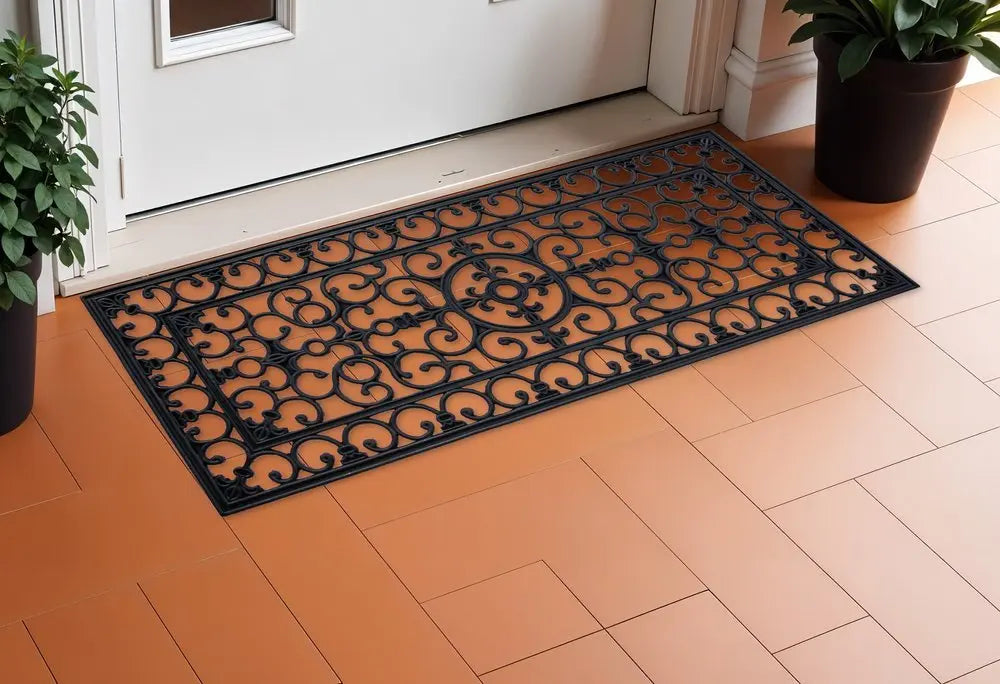 17" X 41" Black Scrollwork Outdoor Rubber Door Mat - NOBLE HOME INTERIORS