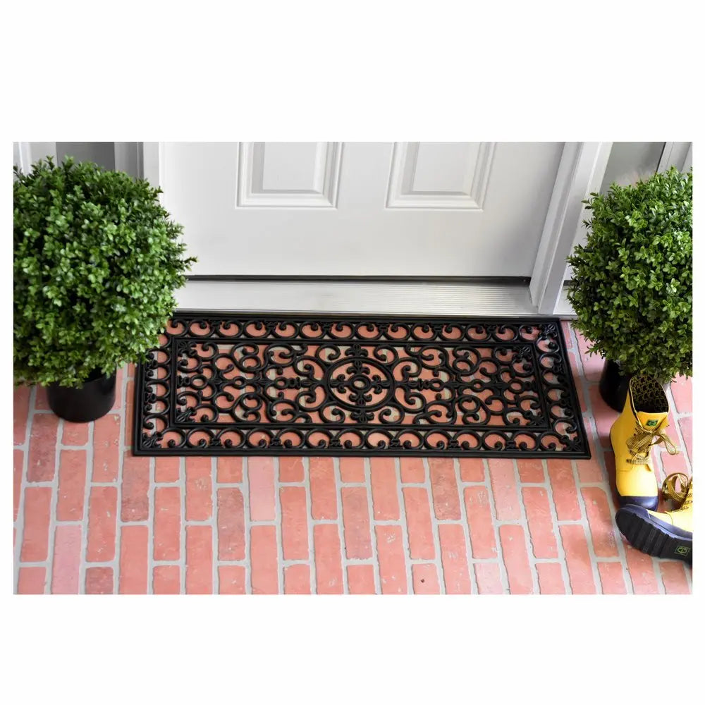 17" X 41" Black Scrollwork Outdoor Rubber Door Mat - NOBLE HOME INTERIORS
