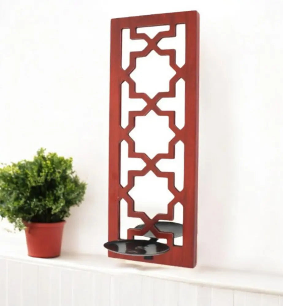 17" X 5" X 6" Red, Wooden Cross - Candle Holder Sconce - NOBLE HOME INTERIORS
