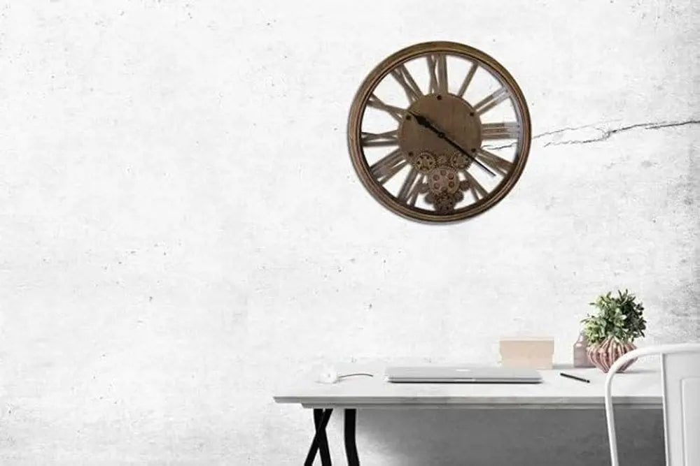 18" Antiqued Gold And Black Metal Silent Skeleton Exposed Gear Round Wall Clock - NOBLE HOME INTERIORS